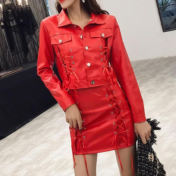 

two piece dress pu leather coat and mini skirtstwo set for women lapel collar jacket high waist female suit autumn 2021 fashion tz11, White