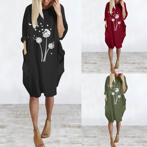 

casual dresses dandelion flower print women vestidos pocket loose long sleeve party midi dress tshirt robes femme, Black;gray