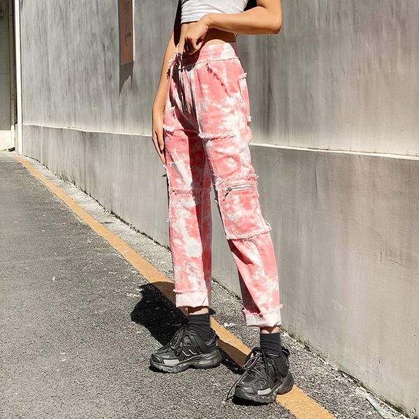 

tie dye print jeans women women pocket high waisted denim pants capris zipper casual fashion long trousers streetwear, Black;white