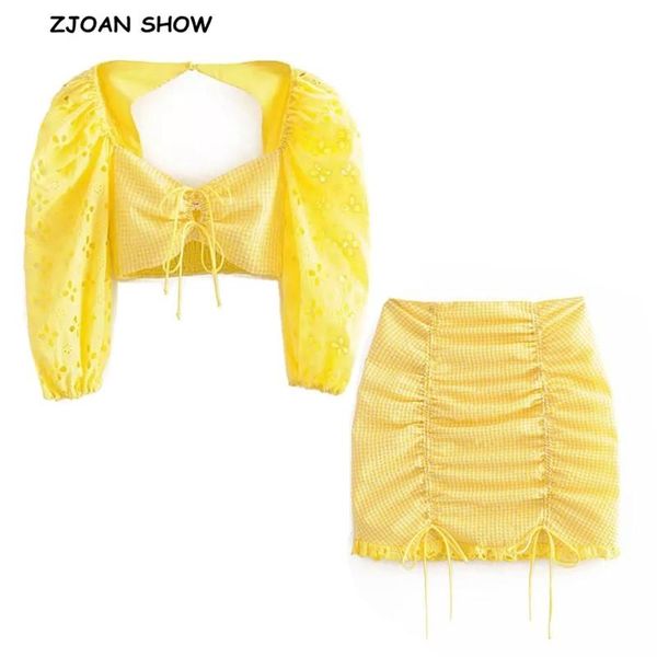 

two piece dress 2021 yellow white plaid short t-shirt crop women hollow out lace hem mini skirt half sleeve 2 pieces set