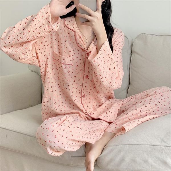 

two piece set cherry womens sleepwears print pajamas long sleeve shirt pants suits pocket homewear sweet floral nightwear s990, Black;red