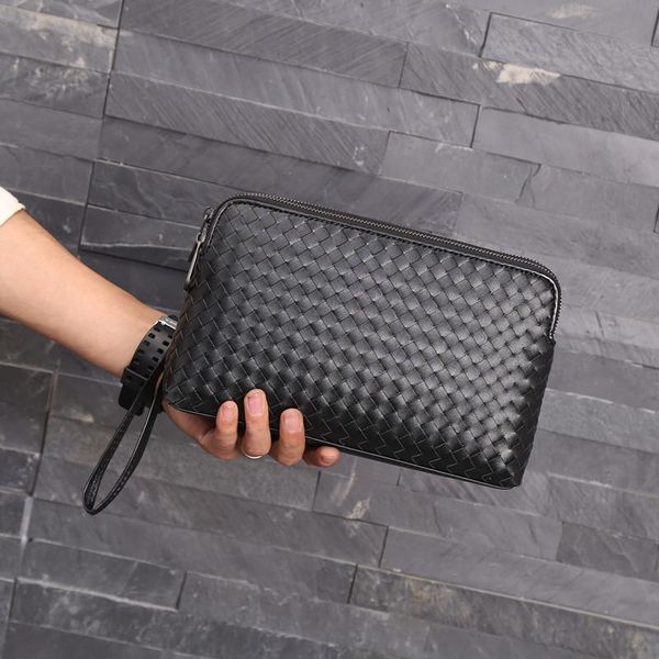 

wallets kaisiludi leather man bag braid double zipper cowhide hand business fashion large capacity grab wallet, Red;black