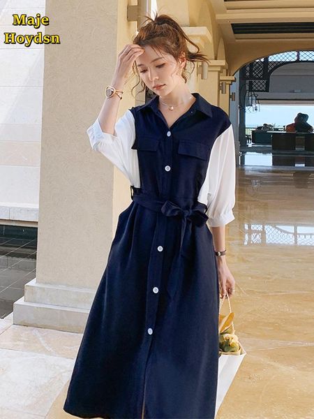 

casual dresses maje hoydsn summer 2021 shirt dress women's slim waist french stitching chiffon skirt, Black;gray
