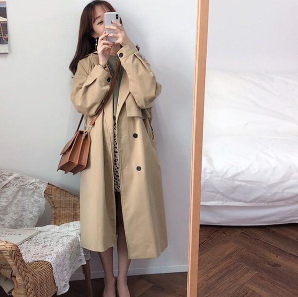

women's trench coats [ewq] 2021 autumn windbreaker mid-length over-the-knee fashion lapel single row long sleeve overcoat, Tan;black