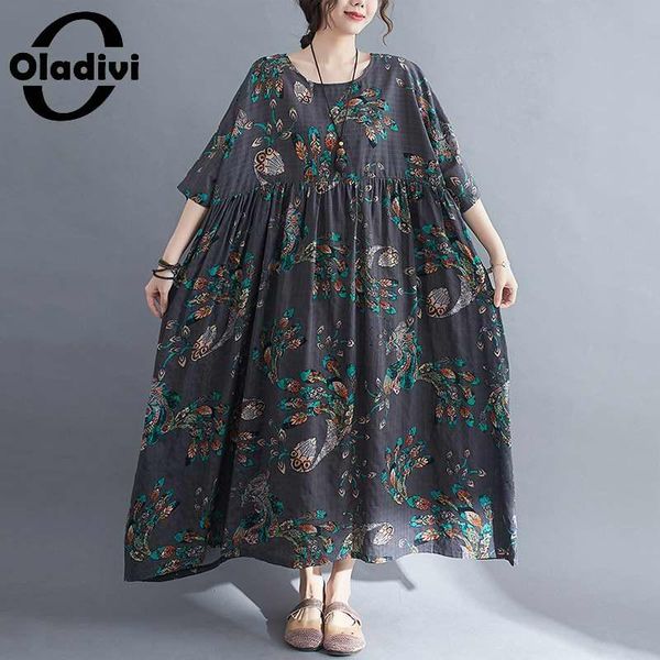 

casual dresses oladivi oversize clothes fashion print maxi long dress women summer boho beach wear bohemian ladies casua loose tunic robe, Black;gray