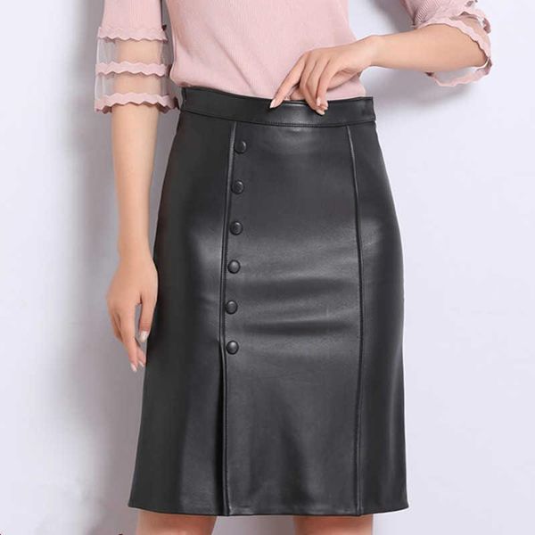 

skirts classic genuine leather women high waist real sheepskin straight office ladies formal work female big plus size, Black