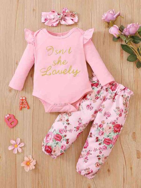 

baby slogan graphic ruffle trim bodysuit & floral print pants & headband she, Blue