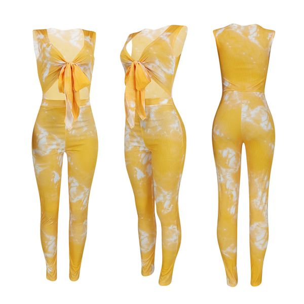 

tie dye print jumpsuit women club party lace up v-neck rompers and jumpsuits for women hollow out romper, White