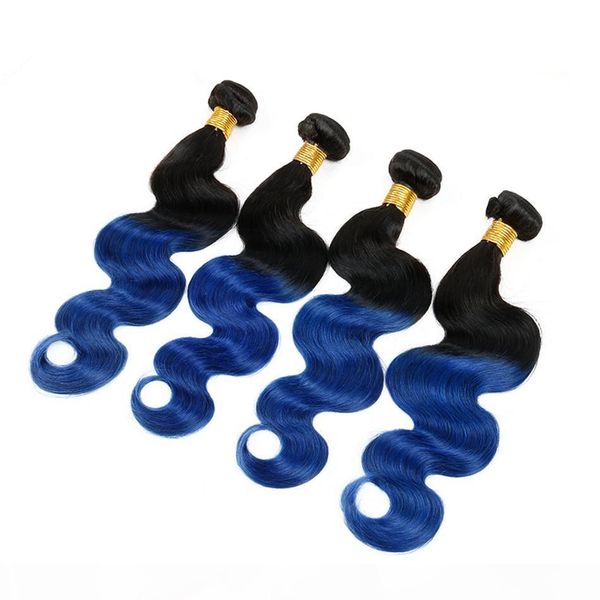 

4pcs lot malaysian ombre human hair #1b blue dark roots two tone hair weaves body wave wavy malaysian 4 bundles virgin hair extesnions, Black