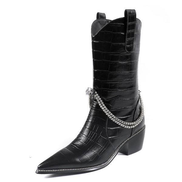 

boots mobetty leather belt pointed crystal chain western women dazzling gem thick high heel ankle slip-on botines mujer, Black