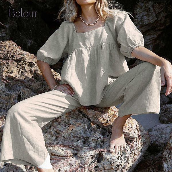 

bclout low cut blouses wide leg pants 2 piece set summer casual linen square collar puff sleeve long trouser women suit 210709, White