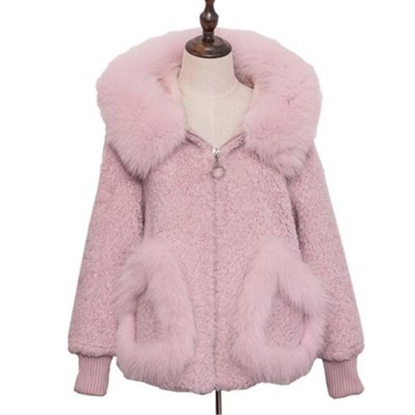 

women's fur & faux 2021 thick winter coats long sleeve vintage female sheep shearing jackets trendy lady big collar hooded, Black