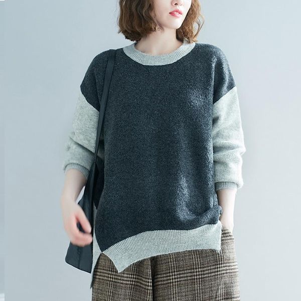 

johnature 2021 spring new casual knitting patchwork pullover woman sweaters o-neck irregular loose sweater, White;black