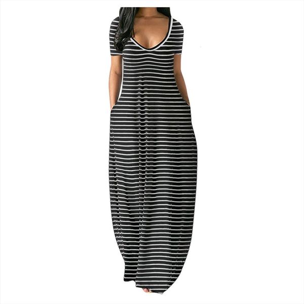 

plus size striped maxi with womens dresses pocket casual short sleeve loose v neck female robes summer sun, Black;gray