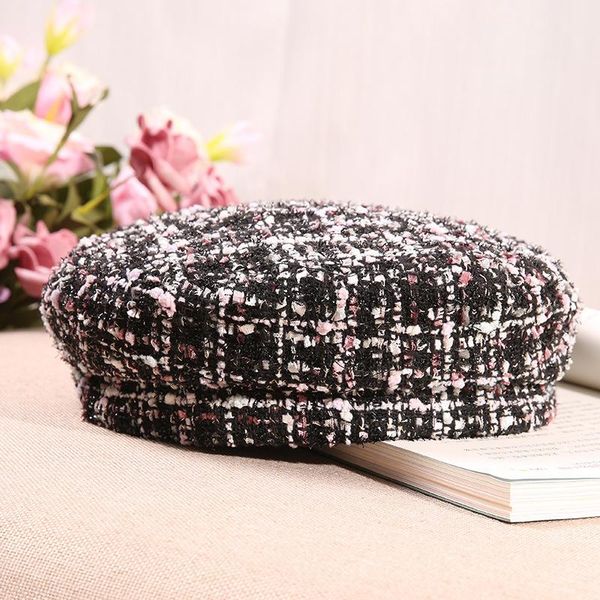 

berets autumn winter hat artist retro style lattice warm knitted beanie solid color headwear british, Blue;gray