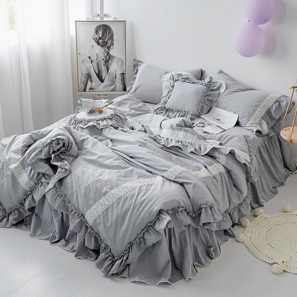 

bedding sets grey pink lotus korea princess bed girls ruffles set romantic cover for bedskirt twin  king size