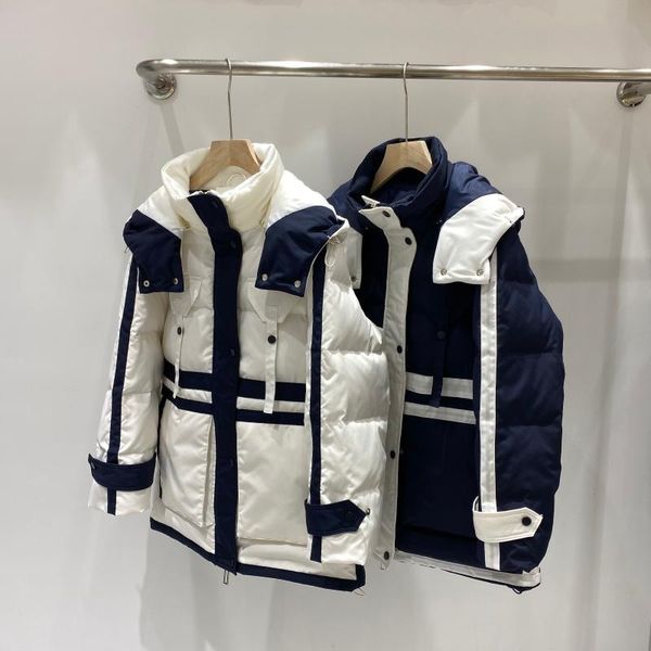 

women's down & parkas couple's jacket 2021 loose mid-length white duck color matching long-sleeved hooded, Black