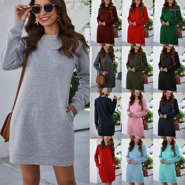 

casual dresses autumn winter mini dress solid o neck long sleeve basic female fashion warm short vestidos mujer, Black;gray