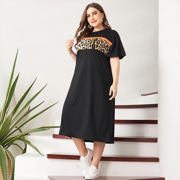 

summer plus size sport women dresses college black leopard print color matching stretchable casual loose midi, Black;gray