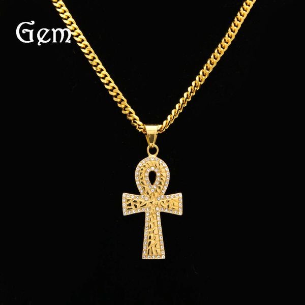 

hip hop nightclub hip hop show diamond inlaid anhe key necklace human cross titanium steel pendant ankh key, Silver