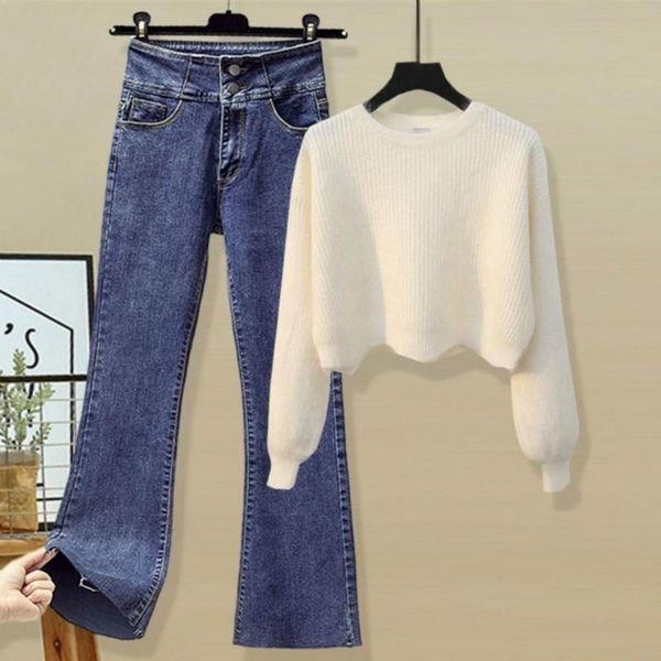 

women's two piece pants 2021 women autumn winter elegant 2 set lady o-neck short sweater + high waist denim flare pant female causal su, White