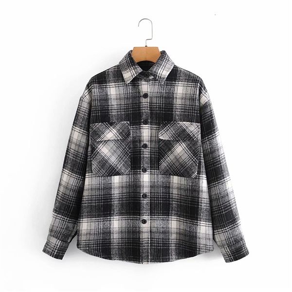 

women's jackets autumn fashion lady double pockets black plaid long oversize women stylish turn-down collar woolen coats outwear v, Black;brown