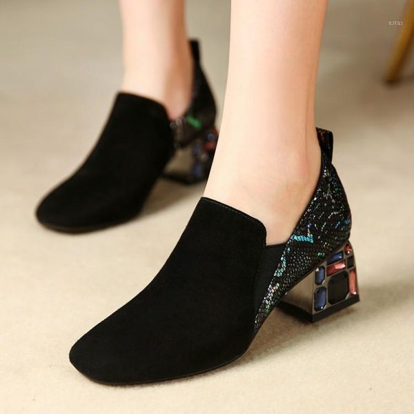 

fashion women suede leather rhinestone high heels party wedding shoes woman square toe thick heel shallow pumps big size dress1, Black