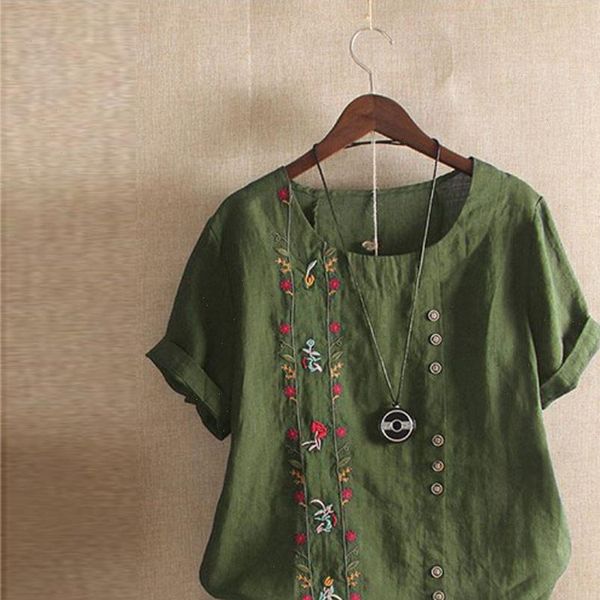 

plus size blouse women bohemian summer floral embroidered shirt camisas short sleeve blusas mujer women clothes 2021, White