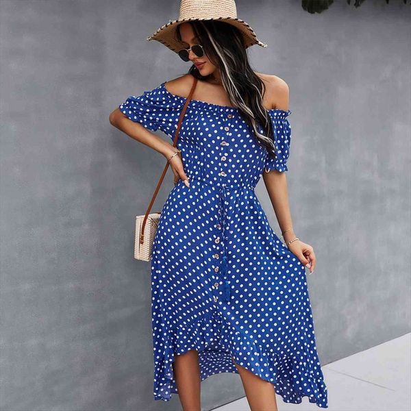 

off shoulder summer women dress shirt polka dot beach boho elegant dresses casual loose single breasted midi robe, Black;gray