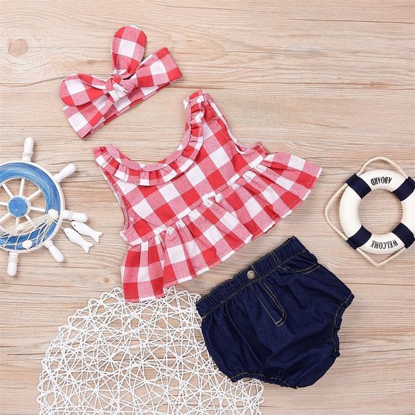 Vestiti per bambini Ragazze Grid Nappa Tute Bambini Polka Dot Set di abbigliamento Boutique di moda T-shirt Pagliaccetti Pannolini Pantaloni Fascia Abiti 315 U2