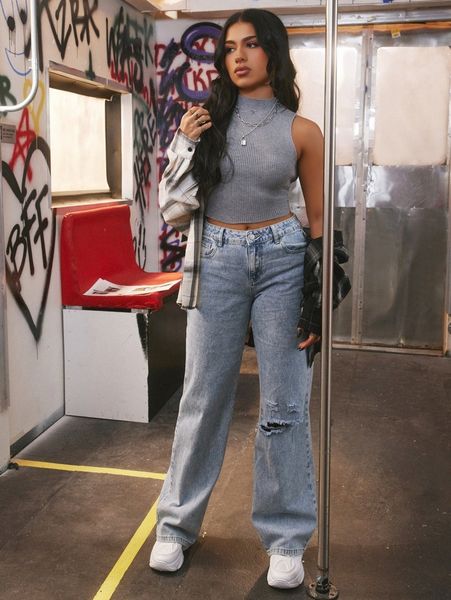 

mian twins x squad high waist ripped jeans k3nt#, Blue