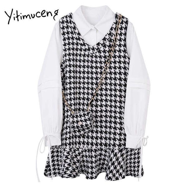 Yitimuceng Patchwork Falso 2 peças vestidos para mulheres A linha Primavera Peter Pan Collar Manga Longa High Weis Preppy Style 210601