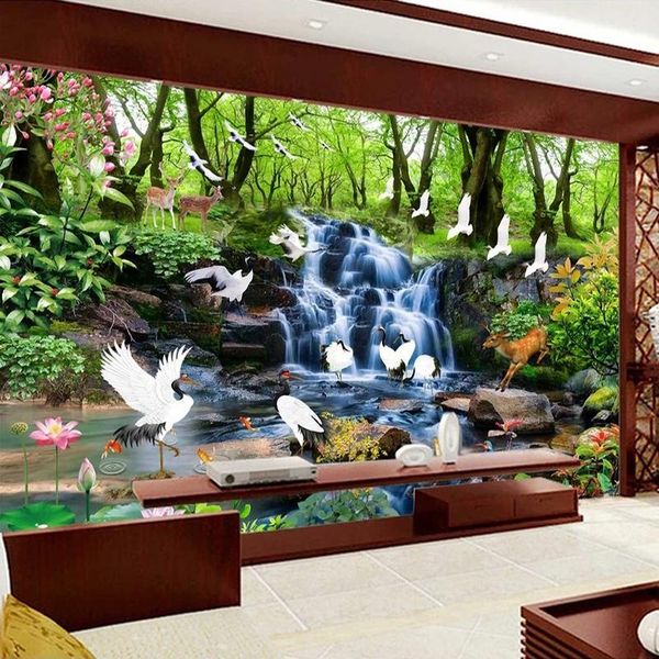 

wallpapers custom 3d po wallpaper large mural forest waterfall elk bird living room bedroom background wall home decor