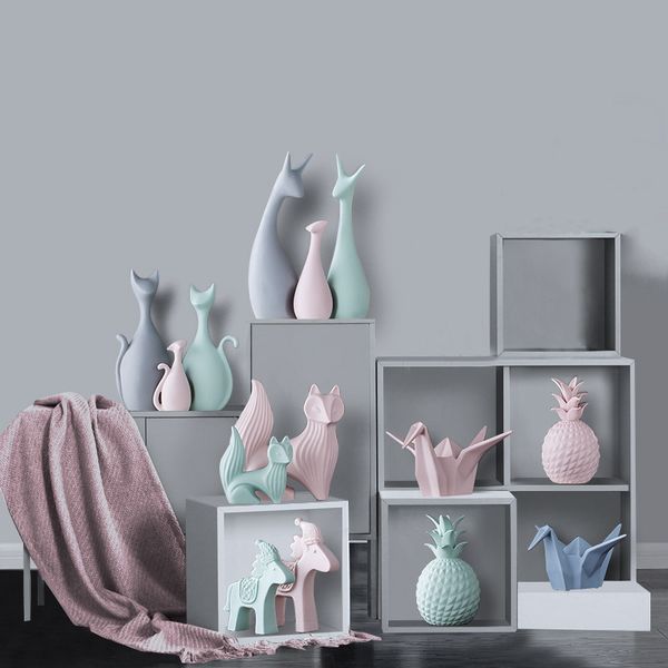 

nordic modern pink green ceramic deer cat figurines home decoration crafts living room deskanimal ornaments wedding gift
