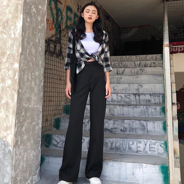 

women's pants & capris korean loose high waist straight trousers woman temperament slim solid casual ladies plus size black women, Black;white