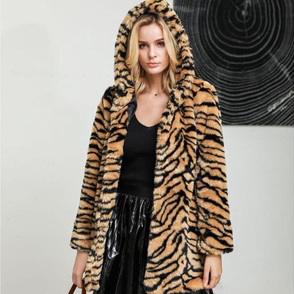 

women's fur & faux winter super thick hooded big tiger coat furry mid-length jacket teddy female plush blouse, Black