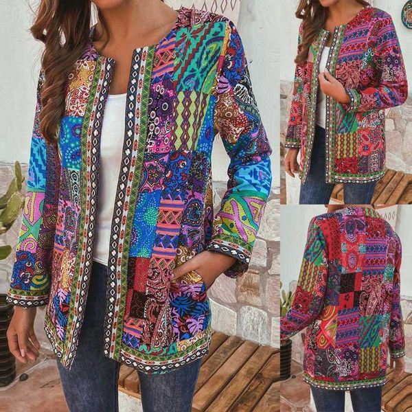 

ethnic printed cardigan women's jackets thin coats long sleeve blusas 2021 casual o neck open stich overcoats plus size #t2g, Black;brown
