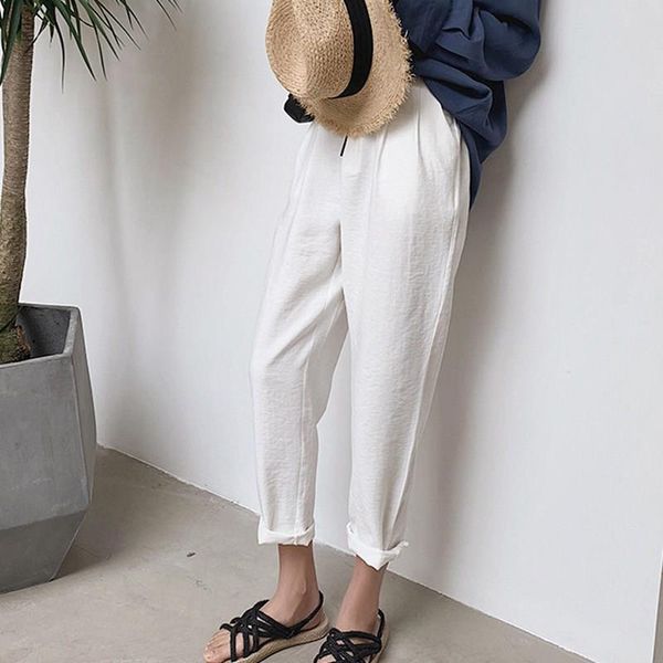 

women's pants & capris women pockets linen loose solid classic high waist harem ladies taille haute office trousers, Black;white