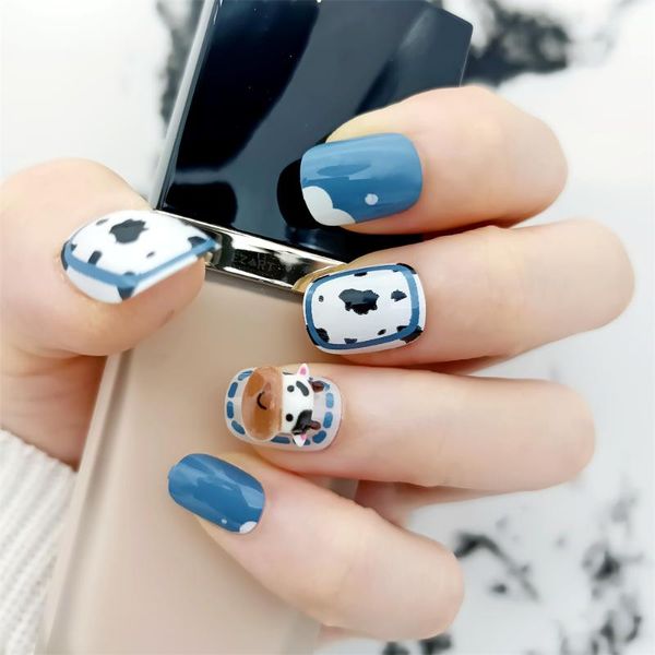 

false nails stick on cute sweet with 3d figure anime stickers for party fake short year christmas decoration blue 24pcs, Red;gold