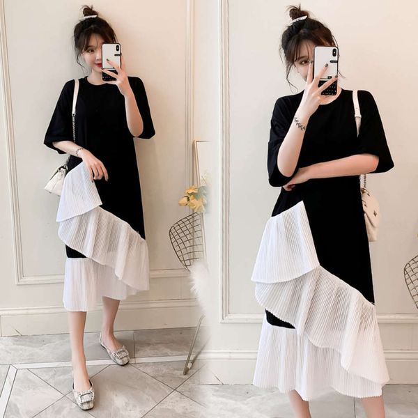 

spring and summer large women's show thin dress fat mm loose cover belly foreign style bottom wear stitched pleated skirt, Black;gray