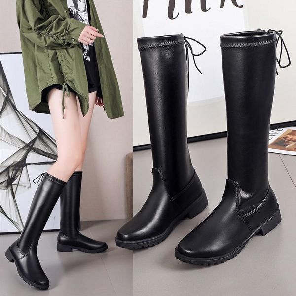 

boots 2021 women skin boot knee lace-up knee-high round toe woman female slim thigh high botas mujer, Black