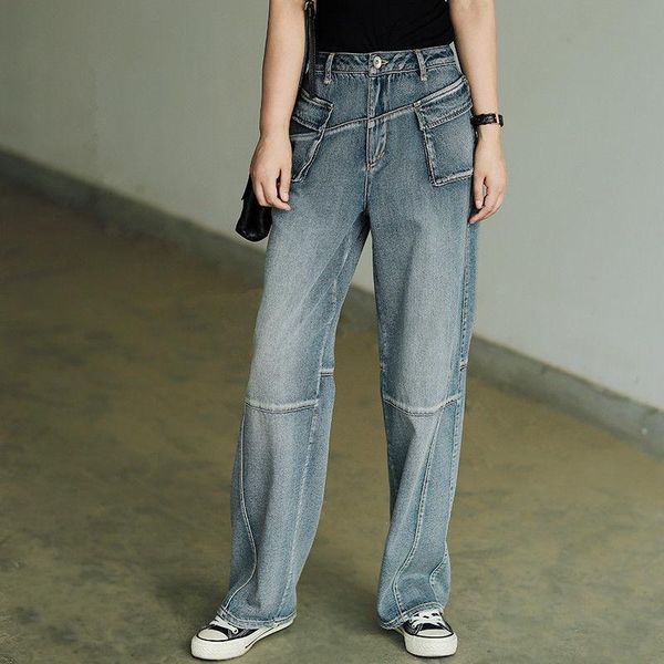 

women's jeans women 2021 spring autumn high waist pants female pockets streetwear vintage wide leg straight ladies fashion trousers g12, Blue