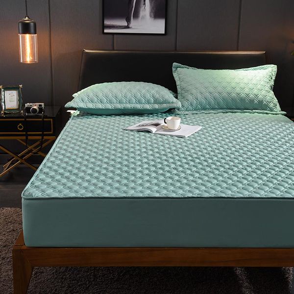 

winter quilted fitted sheet set solid grid brushed cotton 3d elastic sheet with rubber warm bed linen 1pc mattress cover thicken