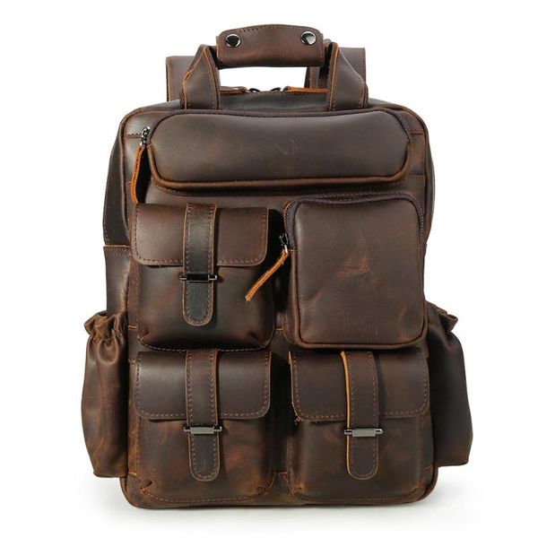

backpack tiding thick cow leather men's multi-pocket laplarge capacity retro crazy horse skin shoulder bag brown 3589