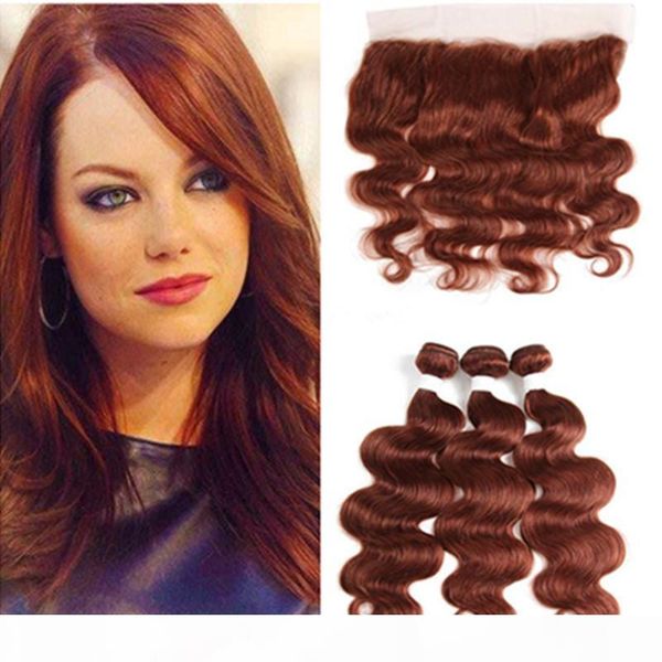 

auburn hair extension with lace frontal closure #33 copper red body wave hair bundles with lace frontal closure 4pcs lot, Black;brown