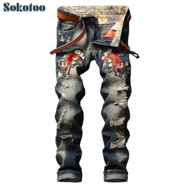 

men's jeans sokotoo fashion tiger flower embroidery casual holes ripped slim denim pants long trousers, Blue