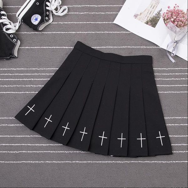 

women harajuku sweet fresh feeling high waist pleated skirt elastic waist cross embroidery skirt pleated skirt, Black