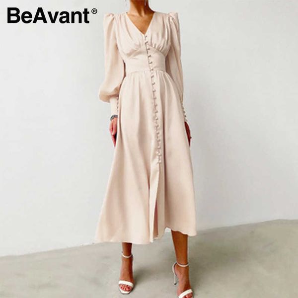 

beavant elegant spring satin bishop sleeve a-line dress women v-neck high waist button dress solid vintage long dresses chic 210709, Black;gray