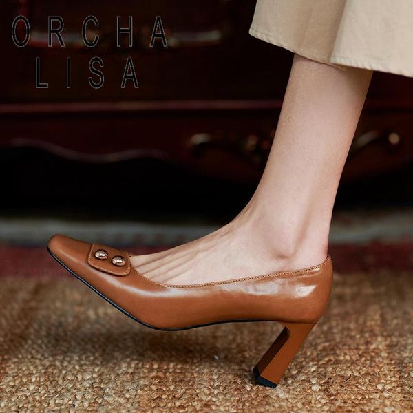 

dress shoes orcha lisa 2021 women pumps square toe 8cm high block heels genuine leather elegent soft comfy classic size 39 date b2418, Black