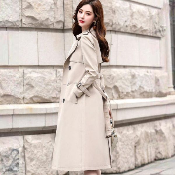 

women's trench coats autumn winter women turn-down collar double breasted office lady solid long with belt, Tan;black
